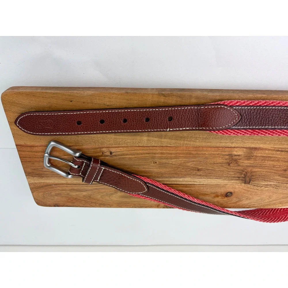Vineyard Vines Belt 34 Brown Jetty Red Pebbled Leather Chevron Webbing Preppy‎